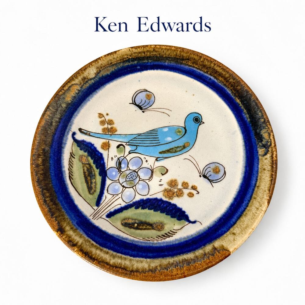 Ken Edwards Mexico 8” Bird Plate Tonala Pottery Blue Floral Vintage Folk Art